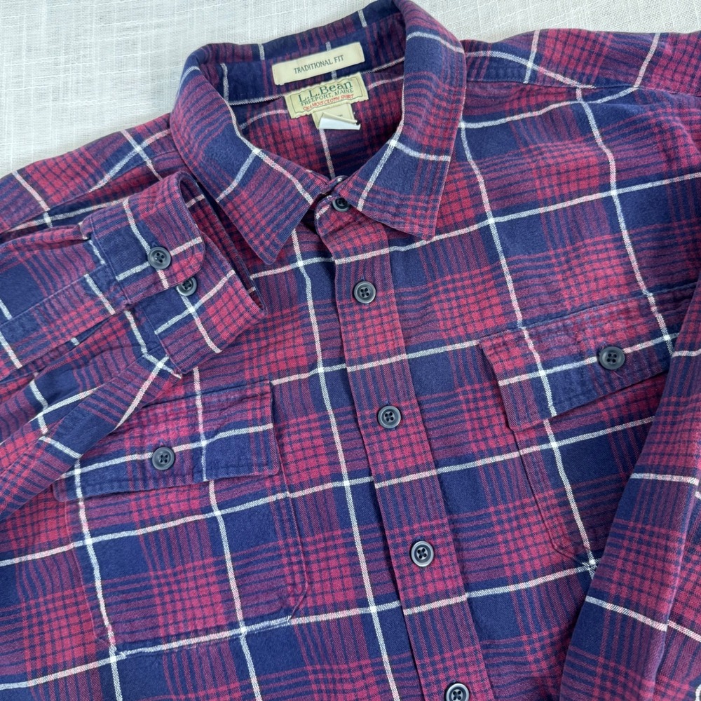 LL Bean Chamois Cloth Shirt Men XXL Tall Maroon Navy Plaid Outdoor Cabin Fall